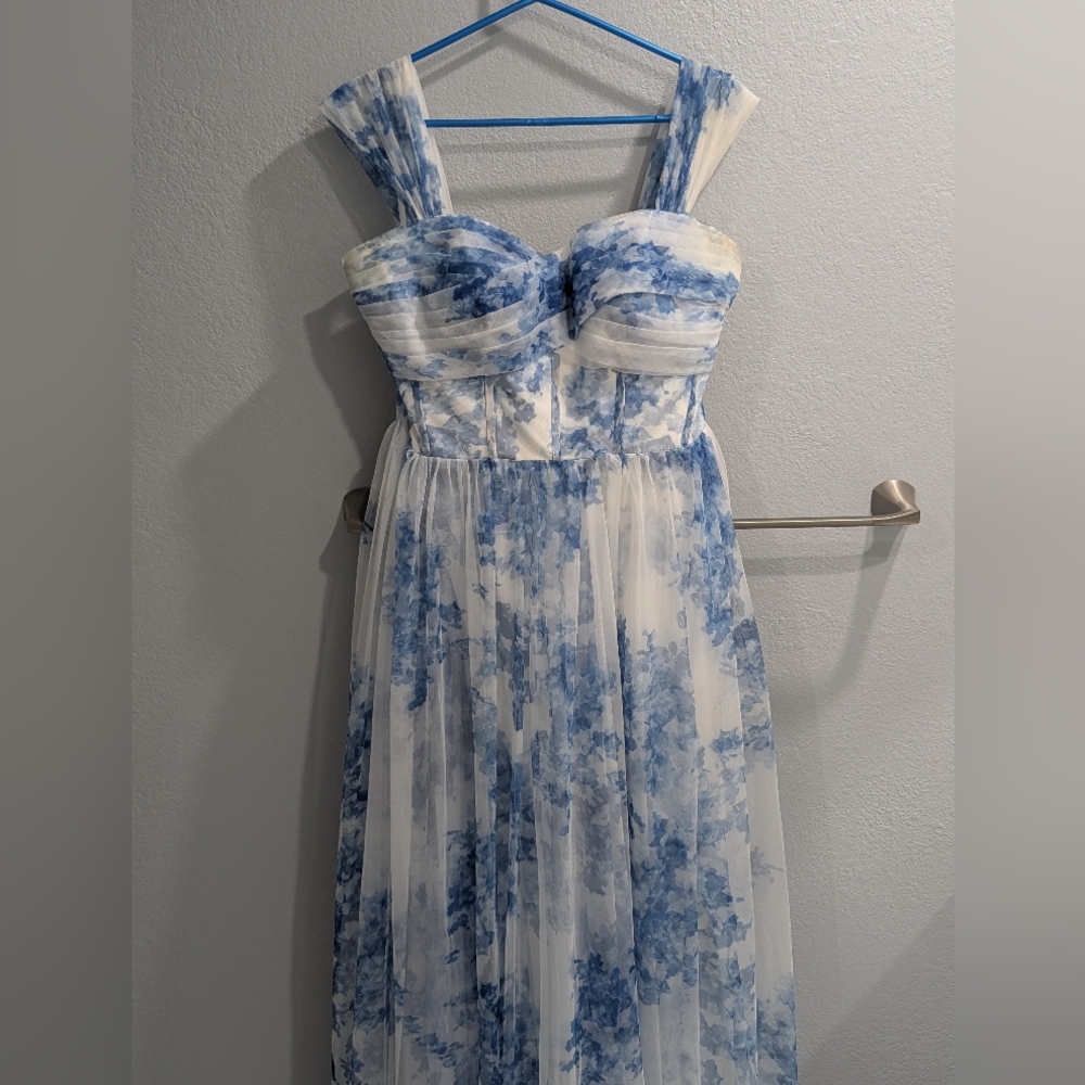 Blue and White Floral Strap Dress